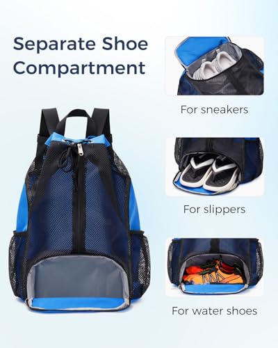 Swim Bag Mesh Drawstring Backpack with Shoe Compartment Sports Gym Sackpack with Mesh Pockets Beach Backpack for Swimming, Gym, and Workout Gear (Navy Blue)