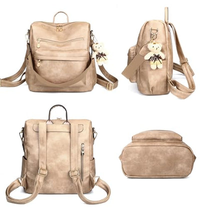 Soperwillton Women Backpack Purse Multipurpose Design Handbags Shoulder Bag PU Leather Travel bag Backpack Set 2pcs - color: Z-sand