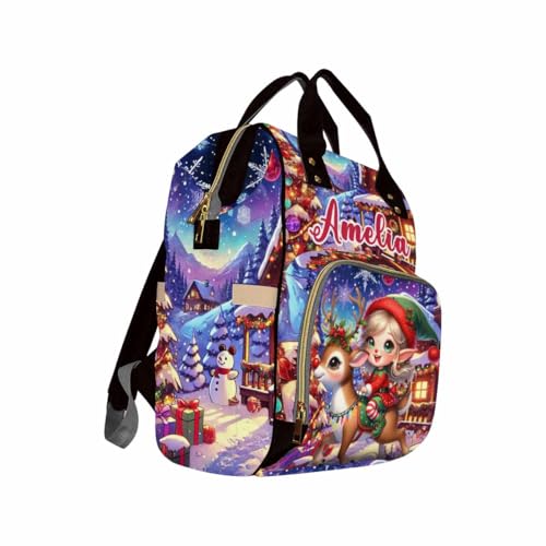 Custom Diaper Bag with Name, Personalized School Bag Christmas Elk Print, Monogram Nappy Backpack with Thermal Pockets for Adults Kids, Large Capacity Waterproof Diaper Bag Xmas Gift - color: A-color-1