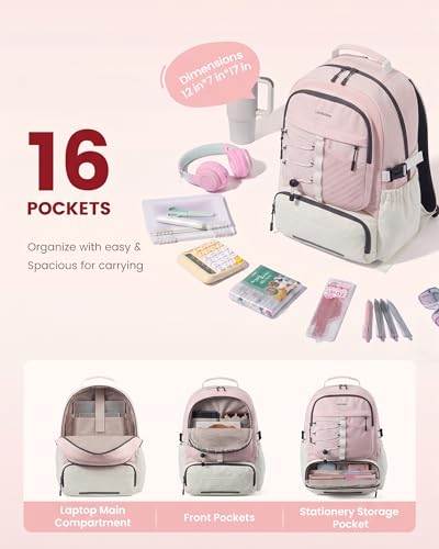 LOVEVOOK School Backpack for Teen Girls, Unique Style College Student Backpacks with Large Cup Holder, Cute Kid Bookbag with Pens Compartment, Large Capacity Back to School Backpack Fit 15.6'' Laptop - color: Pink White, size: Medium