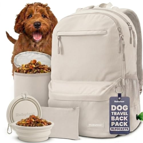 Dog Travel Bag for Supplies - Complete Dog Diaper Bag Backpack with 2 BPA-Free Travel Bowls, Treat Pouch, Food Container, Placemat & Laptop Sleeve – for Traveling, Road Trips, Hiking: Beige - color: Beige
