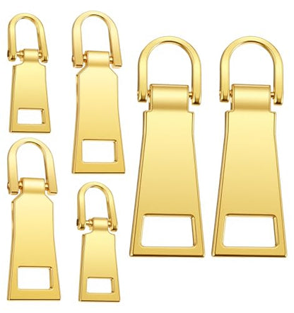 6 Pcs Zipper Pull Replacement, Gold Zipper Pull for Luggage, Backpack, Jacket, Suitcase & Handbags, Durable Metal Zippers Slider Repair Kit (Small/Middle/Large)