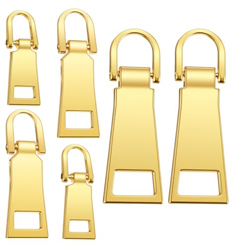 6 Pcs Zipper Pull Replacement, Gold Zipper Pull for Luggage, Backpack, Jacket, Suitcase & Handbags, Durable Metal Zippers Slider Repair Kit (Small/Middle/Large)