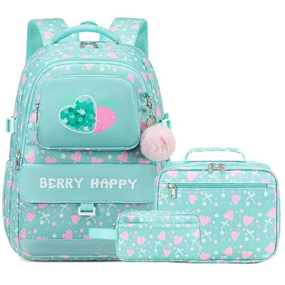 Makukke Girls School Backpack Set, Cute Strawberry Bag with Lunch Box & Pencil Case, Lightweight Durable Bookbag for Elementary Middle - color: Strawberry-green