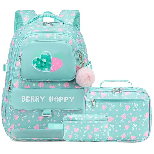 Makukke Girls School Backpack Set, Cute Strawberry Bag with Lunch Box & Pencil Case, Lightweight Durable Bookbag for Elementary Middle - color: Strawberry-green
