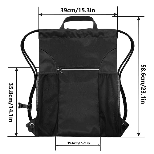 HOLYLUCK Drawstring Backpack Gym Bag For Men Women, String Beach Swim Sports Backpack - color: Black-2 Mesh Pockets, style: Standard Drawstring