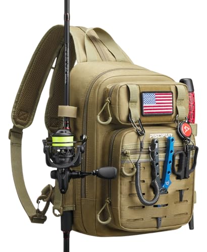 Piscifun Fishing Backpack Tackle Bag, MOLLE & 2 Rod Holders, Multi Storage - color: Double Shoulder - Khaki, size: Standard