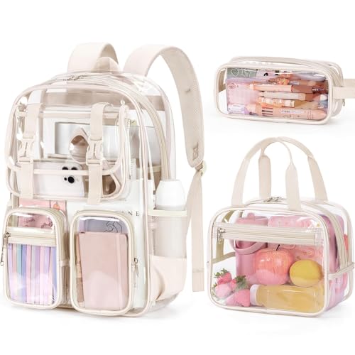 Fimibuke Clear Backpack for Girls - 3 PCS Heavy Duty Kids Clear Bags Schoolbag Large Transparent PVC Bookbag with Lunch Box Pencil Case Set for Travel School Concert Stadium Events Backpacks - color: beige