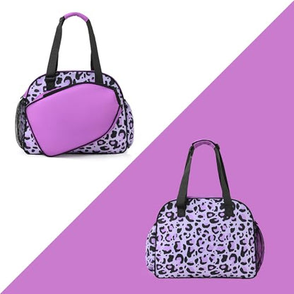 Boulder Bee Pickleball Bags, Premium Pickleball Tote Bag for Girls, Women’s Hand/Shoulder Gym Bag w Water Bottle Holder, with Pickleball Racquet/Paddle Holder - color: Leopard print-purple