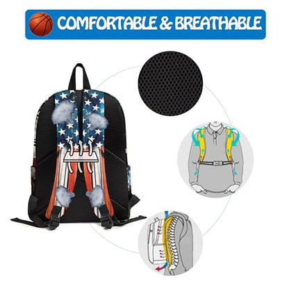 3PCS Backpack for Girls Boys,Teens Flag Basketball Back to School Backpack with Lunch Box Pencil Case, 17 Inch Lightweight Students Backpack 3 in 1 Set for Elementary Middle High School - color: American Flag Basketball