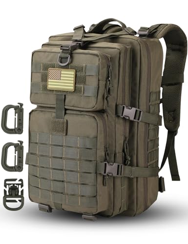 Hannibal Tactical MOLLE Assault Backpack, Tactical Backpack Military Army Camping Rucksack, 3-Day Pack Trip w/USA Flag Patch, D-Rings, Olive - color: Olive
