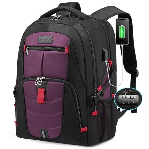 LOVEVOOK Travel Laptop Backpack Waterproof Anti Theft Backpack with Lock and USB Charging Port Large Computer Business Backpack for Men Women College Backpack(17 inch,Black&Purple) - color: Black&purple, size: 17 inch