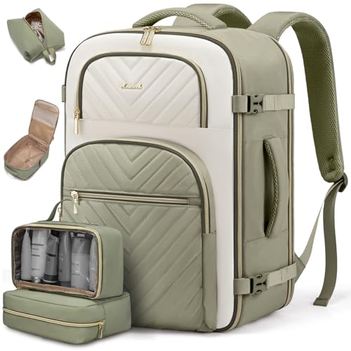 LOVEVOOK Travel Backpack Carry on Flight Approved 50L,Waterproof TSA Travel Essentials Personal Item Backpack for Women Men,Large Carry on Luggage Suitcase Travel Bag for Airplane with 3 Packing Cubes - color: Bean Green - Light Yellow, size: X-Large-50L-