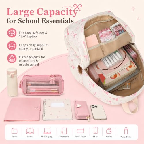 BTOOP School Backpacks for Teen Girls Bookbags Lightweight Kids Backpack School Bags Set with Lunch Box Pencil Case - color: A-pink Bow
