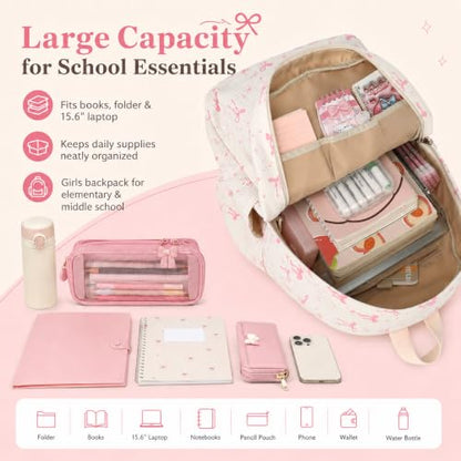 BTOOP School Backpacks for Teen Girls Bookbags Lightweight Kids Backpack School Bags Set with Lunch Box Pencil Case - color: A-pink Bow