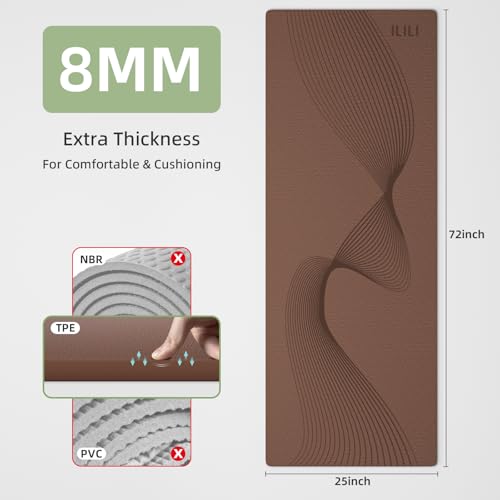 ILILI Yoga Mat, TPE Exercise Mat, Tear-Resistant, Fitness Yoga Mat with Carrying Strap, 72''x25''×0.3''(8mm), Ideal for Yoga, Pilates, Home Workouts, Stretching & All Fitness Routines - color: brown