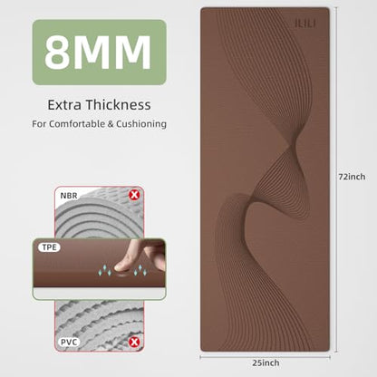 ILILI Yoga Mat, TPE Exercise Mat, Tear-Resistant, Fitness Yoga Mat with Carrying Strap, 72''x25''×0.3''(8mm), Ideal for Yoga, Pilates, Home Workouts, Stretching & All Fitness Routines - color: brown