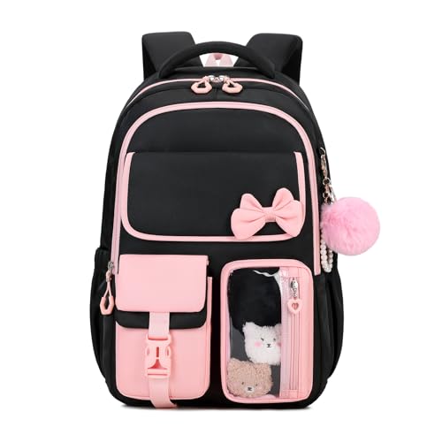 Girls Backpack, School Backpack for Girls, Cute Bow Kids Bookbag for Grils Children Teens for Elementary Middle High School Student, Back To School, Black Pink - color: Black Pink