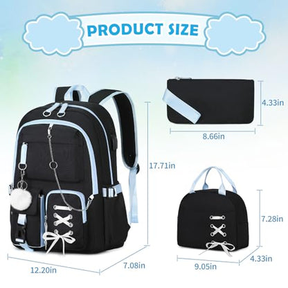 Backpacks for Girls, Girls Backpack with Lunch Box and Pencil Case for Teen Kids Elementary Middle High School College Student, Children Backpack Bookbag with USB Charging Port (Black Blue with Chain) - color: Black & Blue With Chain