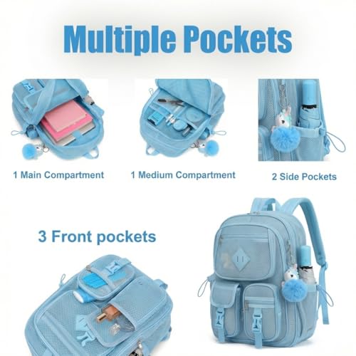 Mesh Backpack for Girls Boys, Heavy Duty Semi-Transparent Mesh Bookbag Womens Mens Mesh Backpacks for School, Sports, Beach, Swimming, Travel - Baby Blue - color: Baby Blue