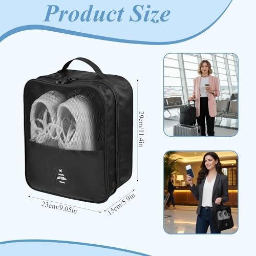 4 Pack Shoe Bags for Travel Holds 3 Pair of Shoes, Portable Shoes Storage Bag Organizer with Handle, Travel Luggage Shoe Organizer for Women Men Teenager Daily Use Storage Pouch (Black)