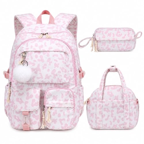 Backpack for Girls, 3PCS Corduroy Girls Schoolbag Set with Lunch Bag & Pencil Pouch, Lightweight Teen Girl Backpacks for Elementary Middle High School Bookbag Laptop Bag Travel Daypack - color: Pink Cheetah