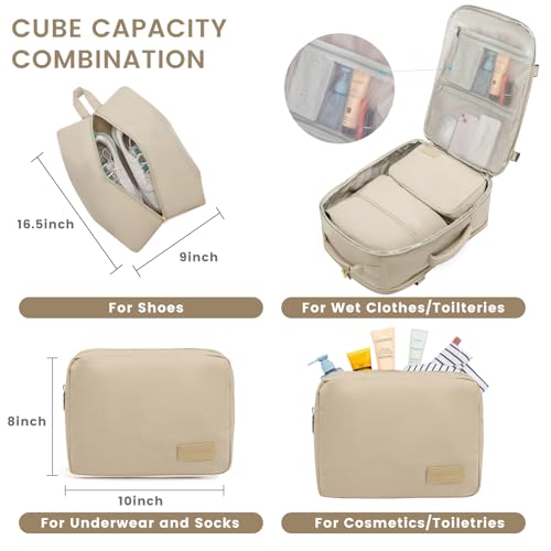 LOVEVOOK 50L Travel Backpack for Women & Men, Airline Approved Carry On Luggage with 3 Packing Cubes, TSA Overnight Bags, Waterproof Personal Item Bag, Weekender Essentials Backpacks fits 17" Laptop - color: Light Grey-beige-pink, size: X-Large