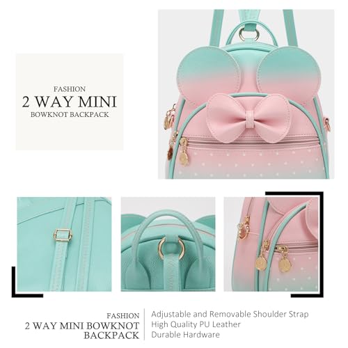 KL928 Girls Mini Backpack Bowknot Polka Dot Cute Small Daypacks Convertible Shoulder Bag Purse for Women - color: Light Pink#apple Green