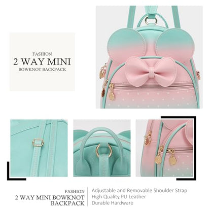 KL928 Girls Mini Backpack Bowknot Polka Dot Cute Small Daypacks Convertible Shoulder Bag Purse for Women - color: Light Pink#apple Green