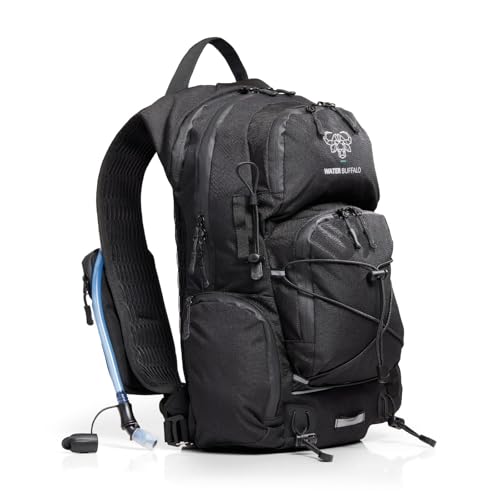 Water Buffalo Hydration Backpack - Sherpa 22L Hiking Backpack with Water Bladder - Water Backpack for Hiking with Waterproof Zippers, Phone & Pole Holders - color: Black