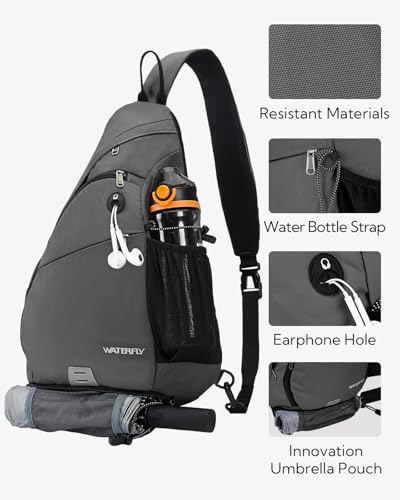 WATERFLY Sling Bag Sling Backpack Small Crossbody Shoulder Bag for Men Women Traveling Cycling Hiking Daypack - color: Dark Grey