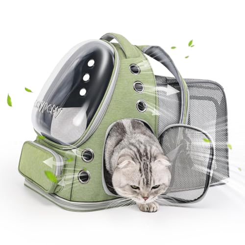Cawypety Expandable Cat Backpack,Cat Bubble Backpack Carrier for Carrying Cats, Pets and Small Dogs,Airline-Approved,Designed for Travel, Hiking, Walking,Car - color: Square Expandable- Green