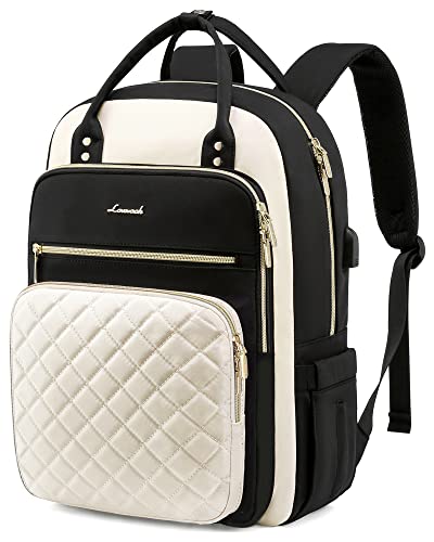 LOVEVOOK Laptop Backpack for Women, Water Resistant Travel Work Backpacks Purse Stylish College Business Teacher Nurse Computer Bag with USB Charging Port, Fits 15.6" Laptop - color: D-black&beige, size: 15.6-Inch