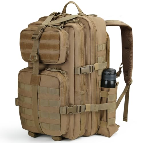 REEBOW GEAR Military Tactical Backpack for Men 3 Day Survival Bag Tan | 40-45L Large Bag, Bottle Holder On the Side, MOLLE, for Outdoor Sports Hunting Hiking, Daypack Bug Out Rucksack Work Bag - color: Tan2