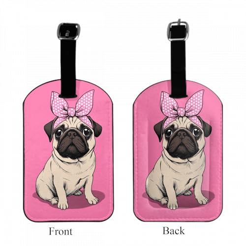 Puppy Pug Luggage Tag Wearing Pink Headband Sitting On Ground Suitcase Tag with Strap for Handbag School Bag Label ID, 1 Pack - color: Puppy Pug