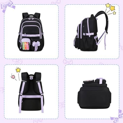 Girls Backpack, 17-Inch Bookbag for Middle & Elementary School, Kawaii Kids Backpack for Girls Ages 6-12(Black Purple) - color: Black Purple