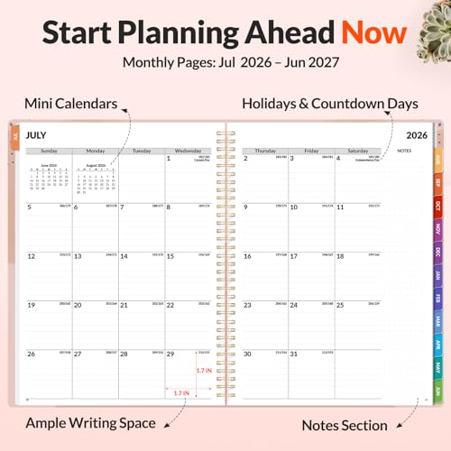 SUNEE Academic Planner 2026-2027 – Weekly & Monthly Planner, July 2026 to June 2027, 8.5"x11", Thick Paper, Tabs, Pockets, Bookmark, Spiral-Bound, Student Teacher Organizer, Blushing Abstract Breeze - color: Pink Breeze