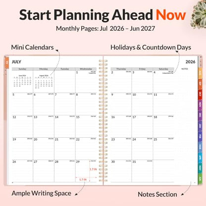 SUNEE Academic Planner 2026-2027 – Weekly & Monthly Planner, July 2026 to June 2027, 8.5"x11", Thick Paper, Tabs, Pockets, Bookmark, Spiral-Bound, Student Teacher Organizer, Blushing Abstract Breeze - color: Pink Breeze
