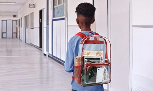 Trail maker Clear Backpack Heavy Duty with Padded Straps, Side Pockets for Kids, Boys, Girls, School, Stadium Approved Events - color: Red