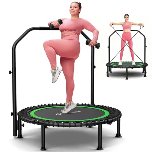 ANCHEER 40"/48" Foldable Mini Trampoline,Max Load 450lbs/550lbs Indoor Trampoline,with 4 Level Adjustable Foam Handle and Resistance Bands,Adult Exercise Trampoline for Home, Garden, and Gym - color: Deep Green, size: 48 Inch