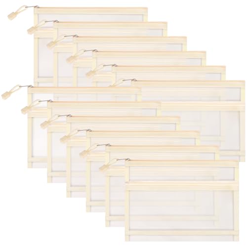 12 Pieces Zipper Nylon Mesh Pouch, Mesh Cosmetic Bags Makeup Bags Pencil Case, Multipurpose Travel Bags for Cosmetic School Office Supplies and Travel Accessories (2 Layers-Beige, A5) - color: 2 Layers-Beige, size: A5