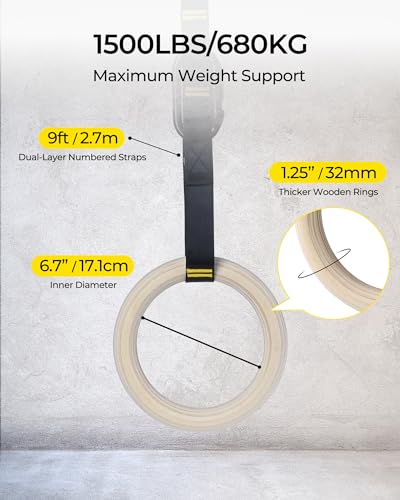 PACEARTH Gymnastics Rings 32mm Wooden Olympic Rings Support 1500lbs Locked Carabiners 9ft Double-Layer Numbered Straps Non-Slip Gym Rings with Foot Straps Door Anchor for Home Gym Full Body Workout - style: 01-1.25" Buckle Rings & Straps & Door Anchor & F