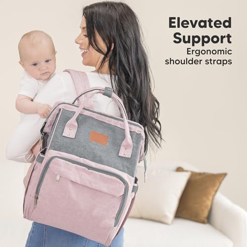 KeaBabies Baby Diaper Bag Backpack - Large Baby Bag for Boys, Girls, Waterproof Multi Function Travel Diaper Backpack with Changing Pad, Durable Travel Essentials for Moms and Dads (Pink Gray) - color: Pink Gray