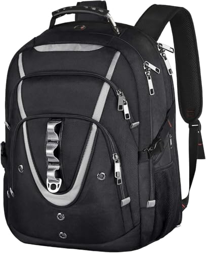18.4 Laptop Backpack for Men, 55L-60L Extra Large Gaming Laptops Backpack, TSA Friendly Flight Approved RFID Anti-theft Pocket, Water Resistant Suiltable for Travel Business Work - color: A-black-silver, size: 18inch(21.5*16.3*9.9")