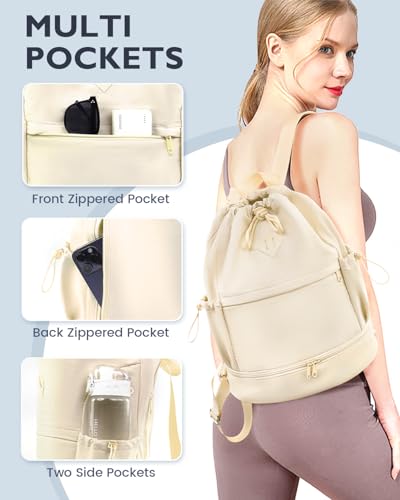RHDZO Drawstring Backpack Sports Gym Bag with Shoe Compartment and Wet Pocket String Swim Bag for Women Men Beach Backpack, Beige - color: Beige