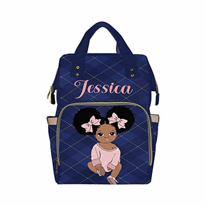 Newcos Personalized Blue Cloth Plaid Diaper Bag Backpack with Name Custom Afro Princess Mommy Nursing Baby Bags for Women,Customized Large Nappy Bags - color: 230112-14