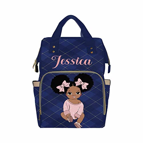 Newcos Personalized Blue Cloth Plaid Diaper Bag Backpack with Name Custom Afro Princess Mommy Nursing Baby Bags for Women,Customized Large Nappy Bags - color: 230112-14