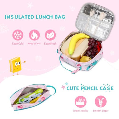 Toddler Backpack for Girls Ages 5-8, 3PCS Girls Backpack with Lunch Bag & Pencil Case - 15inch Kids School Bookbag for Preschool Kindergarten Elementary School (Mermaid) - color: Mermaid