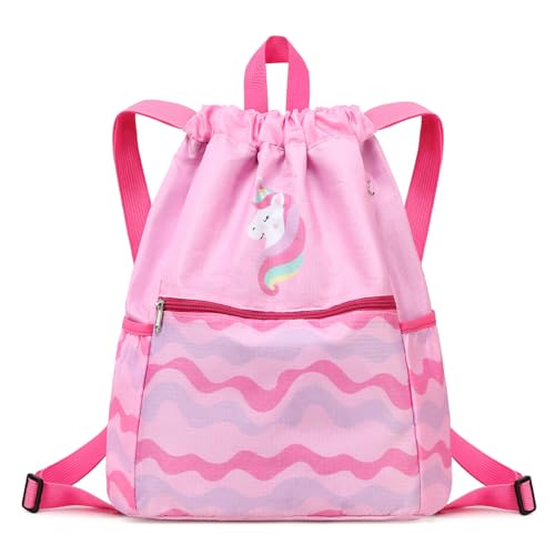 Drawstring Backpack for Girls Women Lgihtweight Large Travel Bags Sport String Bag Sackpack for Gym Shopping Yoga Bag Unicorn Pink - color: Unicorn Wave Pink