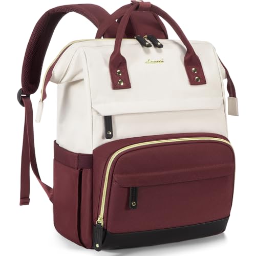 LOVEVOOK Laptop Backpack for Women, 15.6 Inch Work Business Backpacks Purse With Large Capacity, Waterproof Nurse Bag College Backpack, Waterproof Casual Daypack for Travel - color: Beige-wine Red, size: 15.6 INCH